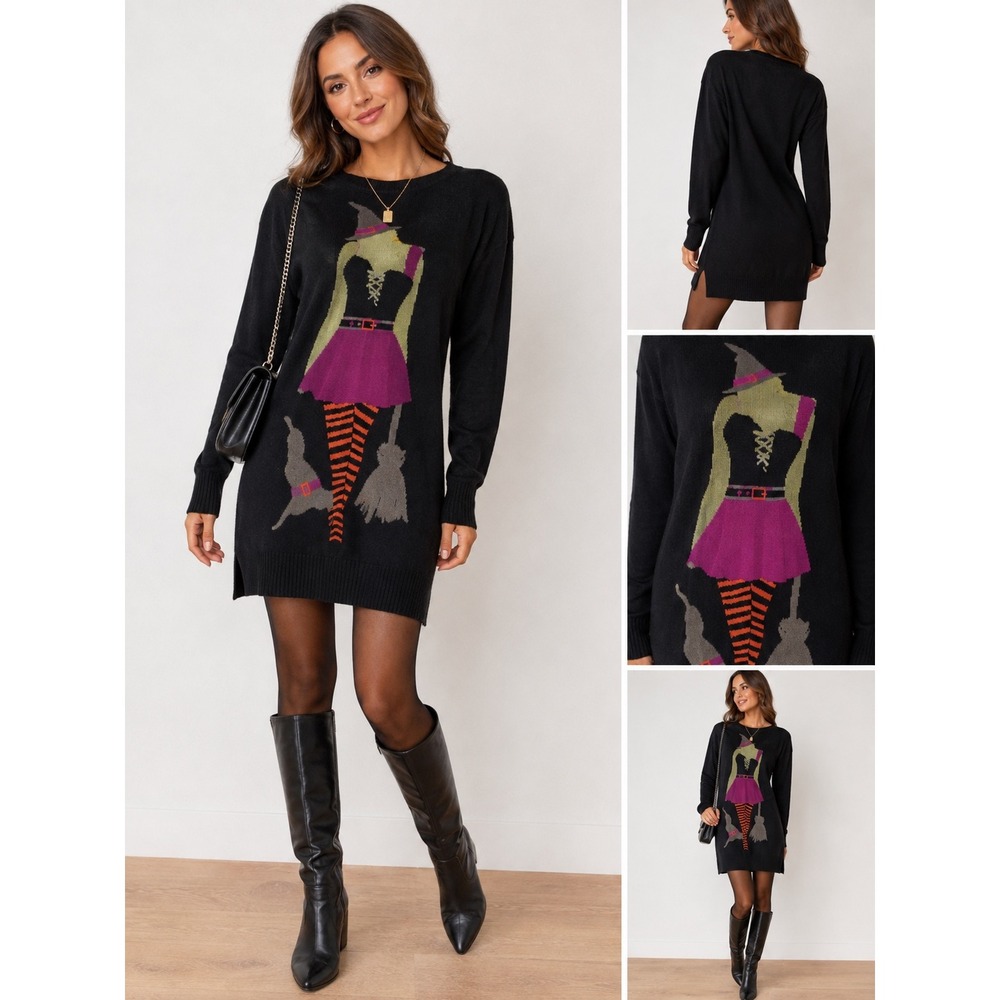 Verve Ami Women's M Halloween Witch Sweater Black Intarsia Graphic Knit